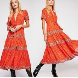 Free People Rare Feelings Printed Midi Dress In Orange Combo sz XS.